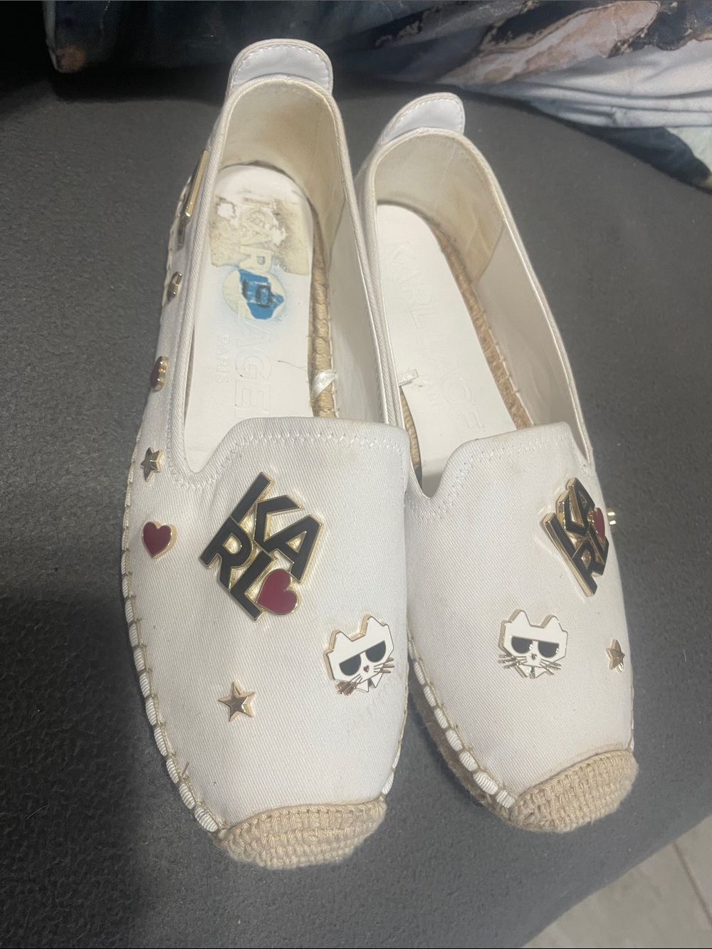 Karl Lagerfeld White Canvas Espadrilles with Gold Logo & Red Heart Accents